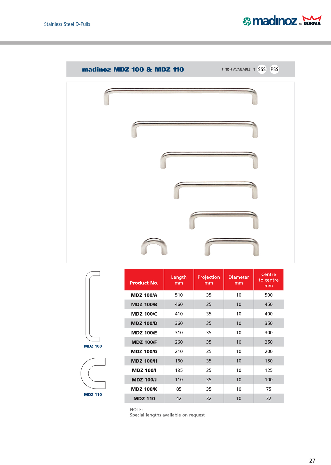 MADINOZ 100 D-PULLS POLISHED STAINLESS STEEL 75x10MM|Free Shipping ...