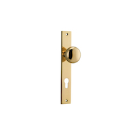 Iver Cambridge Door Knob on Rectangular Backplate Euro Polished Brass 10322E85