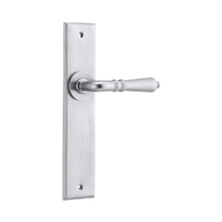 Iver Sarlat Door Lever Handle on Chamfered Backplate Passage Brushed Chrome 12280