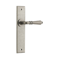 Iver Sarlat Door Lever Handle on Chamfered Backplate Passage Distressed Nickel 13780