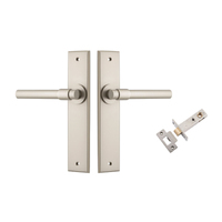 Restocking Soon: ETA Mid November - Iver Helsinki Door Lever Handle on Chamfered Backplate Passage Kit Satin Nickel 14904KPASS60