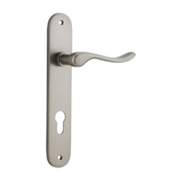 Iver Stirling Door Lever Handle on Oval Backplate Euro Satin Nickel 14924E85