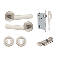 Restocking Soon: ETA Mid November - Iver Osaka Door Lever on Round Rose Entrance Kit Key/Thumb Satin Nickel 20779KENTR60KT