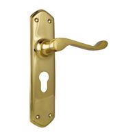 Tradco Windsor Door Lever Handle on Long Backplate Euro Unlacquered Polished Brass 21351E