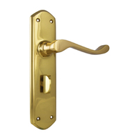 Tradco Windsor Door Lever Handle on Long Backplate Privacy Unlacquered Polished Brass 21351P