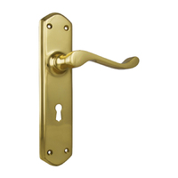 Tradco Windsor Door Lever Handle on Long Backplate Bitkey Unlacquered Polished Brass 21352