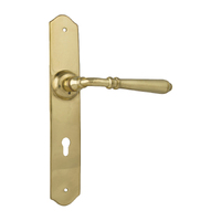 Tradco Reims Door Lever Handle on Long Backplate Euro 85mm Unlacquered Polished Brass 21353E85