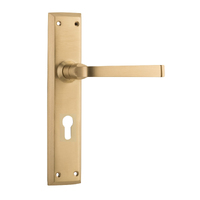 Tradco Menton Door Lever Handle on Long Backplate Euro 85mm Unlacquered Satin Brass 21358E85