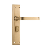 Tradco Menton Door Lever Handle on Long Backplate Privacy Unlacquered Satin Brass 21358P