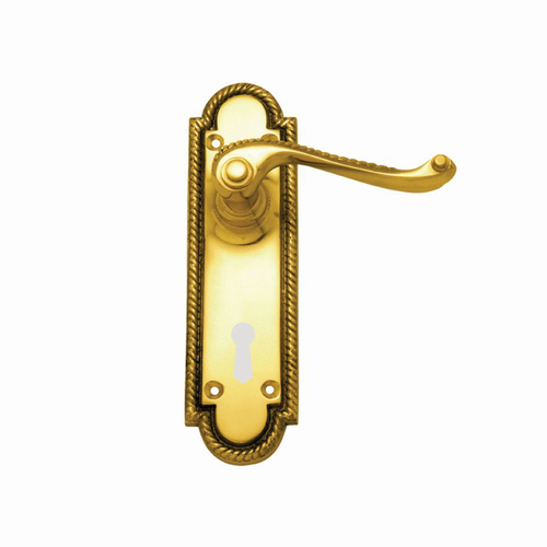 Superior Brass Georgian Door Lever Handle On Plate Bitkey Hole 170mm Polished Brass 4058K