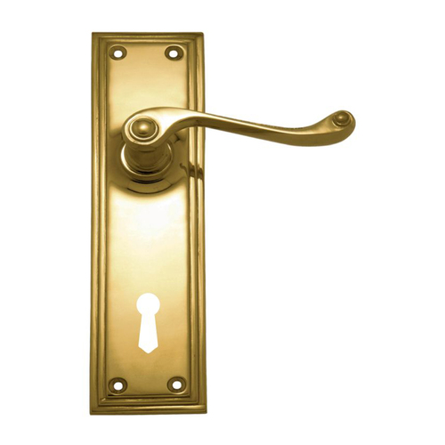 Superior Brass Heritage Door Lever Double Step Plate Bitkey Hole 200mm Polished Brass 4084K