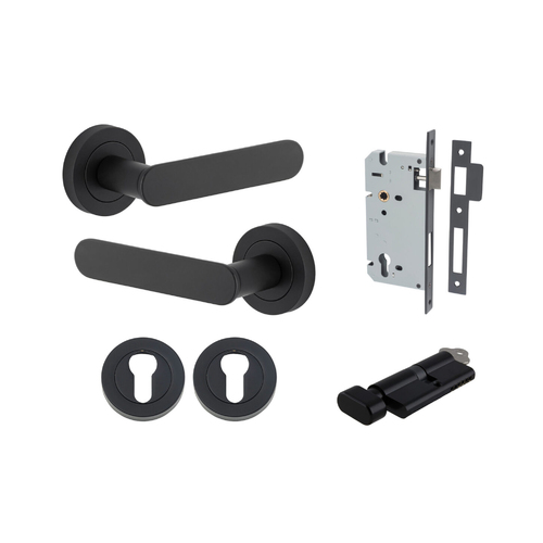 Iver Bronte Door Lever Handle on Round Rose Entrance Kit Key/Thumb Matt Black 0333KENTR60KT