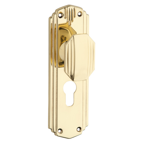 Tradco Napier Art Deco Door Knob on Backplate Euro Polished Brass 0800E