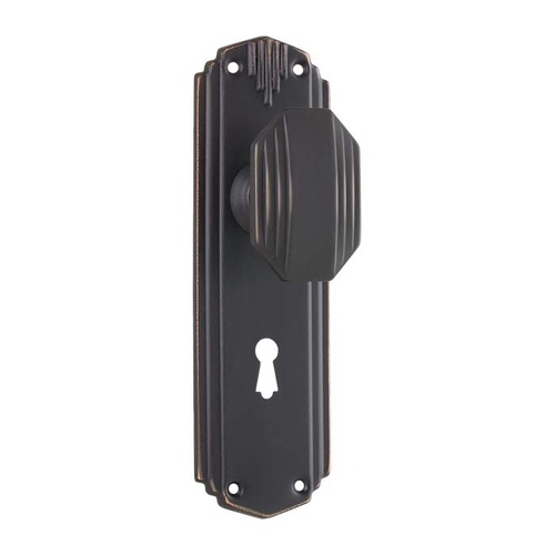 Restocking Soon: ETA Mid December - Tradco Napier Art Deco Door Knob on Backplate Bitkey Antique Copper 0803