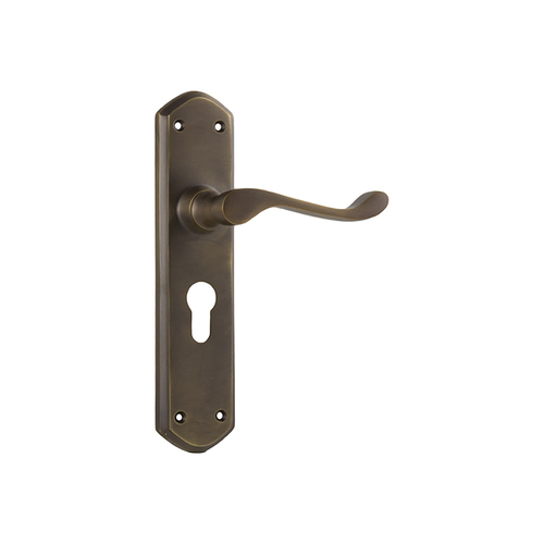 Restocking Soon: ETA End October - Tradco Windsor Door Lever Handle on Shouldered Backplate Euro Antique Brass 0858E