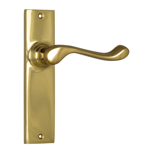 Restocking Soon: ETA End October - Tradco Fremantle Door Lever Handle on Rectangular Backplate Passage Polished Brass 1025