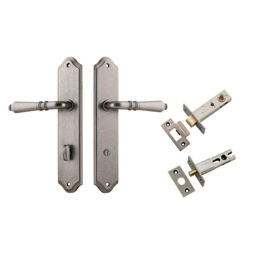 Iver Sarlat Door Lever on Shouldered Backplate Privacy Kit with Turn Distressed Nickel 13712KPRIV60