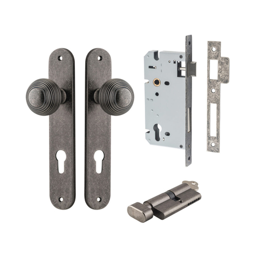 Iver Guildford Door Knob on Oval Backplate Entrance Kit Key/Thumb Distressed Nickel 13836KENTR60KT