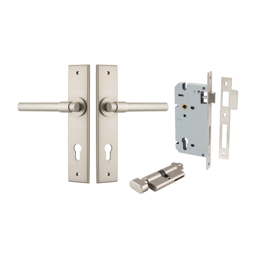 Iver Helsinki Door Lever on Chamfered Backplate Entrance Kit Key/Thumb Satin Nickel