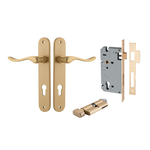 Restocking Soon: ETA Early November - Iver Stirling Door Lever Handle on Oval Backplate Entrance Kit Key/Thumb Brushed Brass 15424KENTR60KT