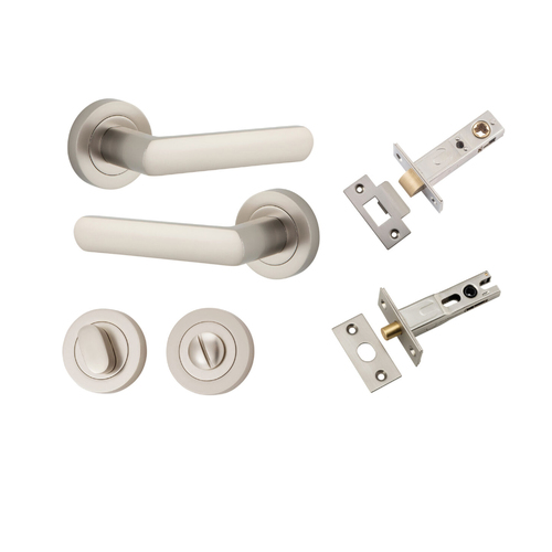 Restocking Soon: ETA Mid November - Iver Osaka Door Lever Handle on Round Rose Privacy Kit Satin Nickel 20779KPRIV60