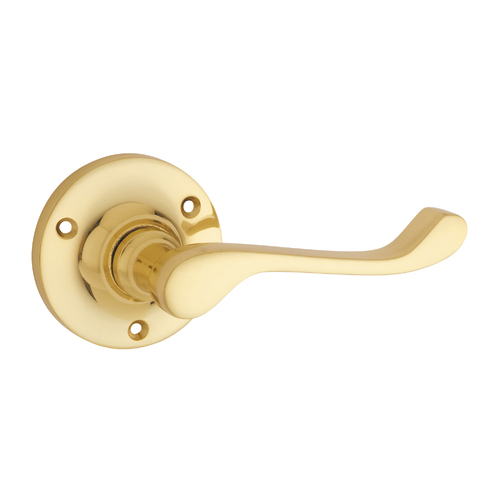 Tradco Victorian Door Lever Handle on Round Rose Unlacquered Polished Brass 21350