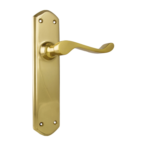 Tradco Windsor Door Lever Handle on Long Backplate Passage Unlacquered Polished Brass 21351