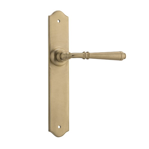 Tradco Reims Door Lever Handle on Long Backplate Passage Unlacquered Satin Brass 21355