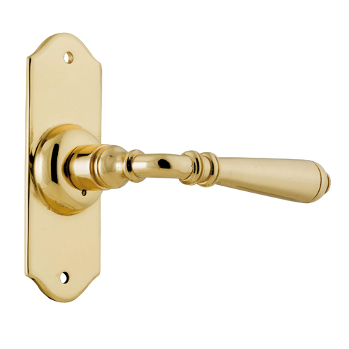 Tradco Reims Door Lever Handle on Short Backplate Passage Unlaquered Polished Brass 21360