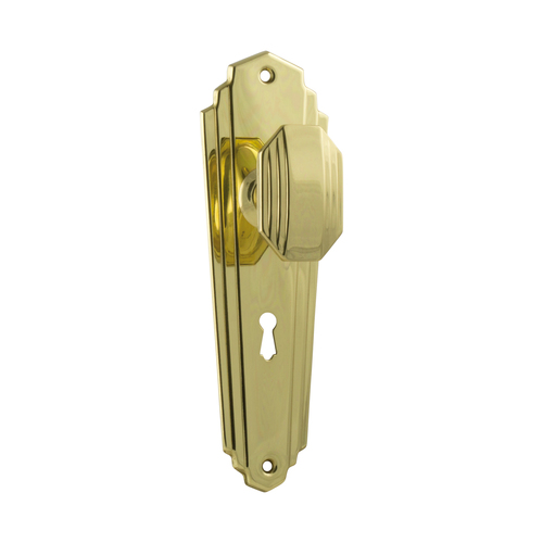 Tradco Elwood Art Deco Door Knob on Backplate Bitkey Polished Brass 1071