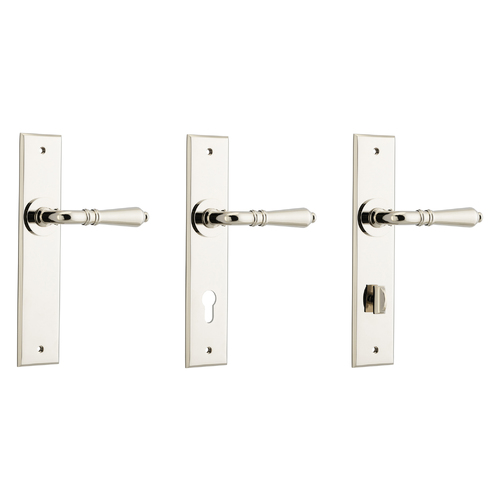 Iver Sarlat Door Lever Handle on Chamfered Backplate Polished Nickel