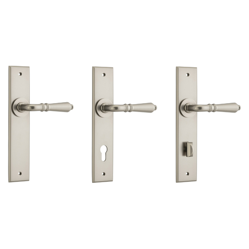 Iver Sarlat Door Lever Handle on Chamfered Backplate Satin Nickel