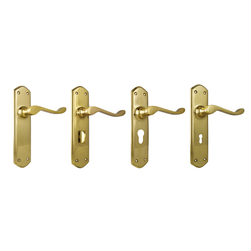 Tradco Windsor Door Lever Handle on Long Backplate Unlacquered Polished Brass