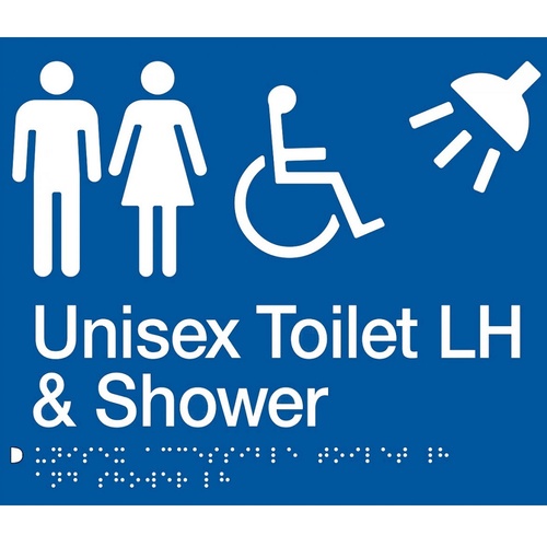 AS1428 Compliant Toilet Shower Sign BLUE Unisex Disabled Braille LH MFDTSLH