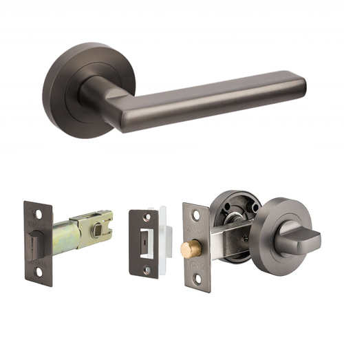 Restocking Soon: ETA End September - Zanda Epic Door Lever Handle on Round Rose Separate Privacy Graphite Nickel 10026.GN