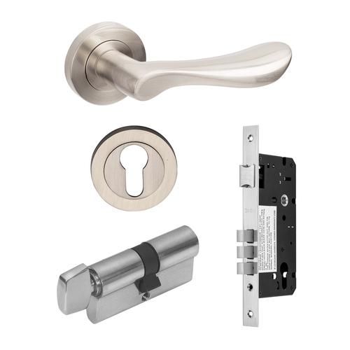 Restocking Soon: ETA End October - Zanda Juno Door Handle Lever Entrance Set 60mm (Key/Turn) Brushed Nickel 70812BN